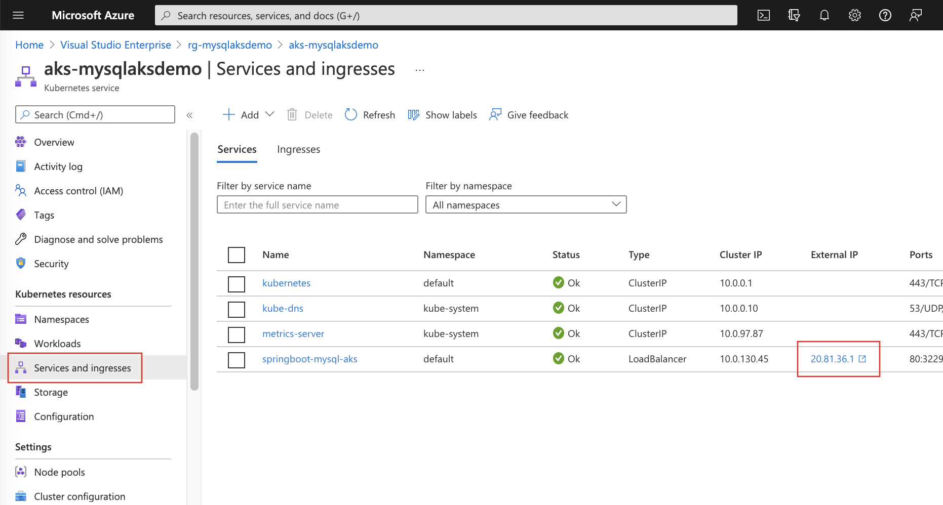 Képernyőkép az Azure Portal Azure Kubernetes-fürtszolgáltatás külső IP-címéről.