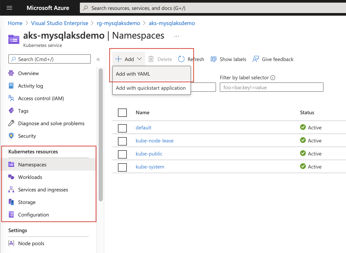 Képernyőkép az Azure Kubernetes Service erőforrásnézetéről az Azure Portalon.