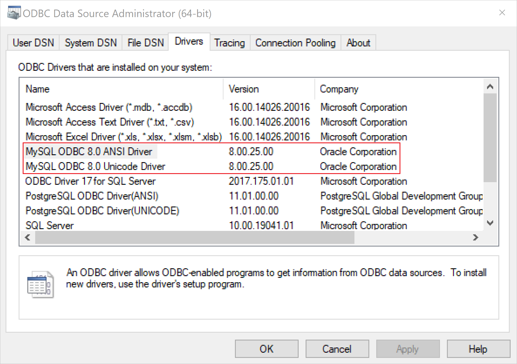 ODBC Data Source Administrator page