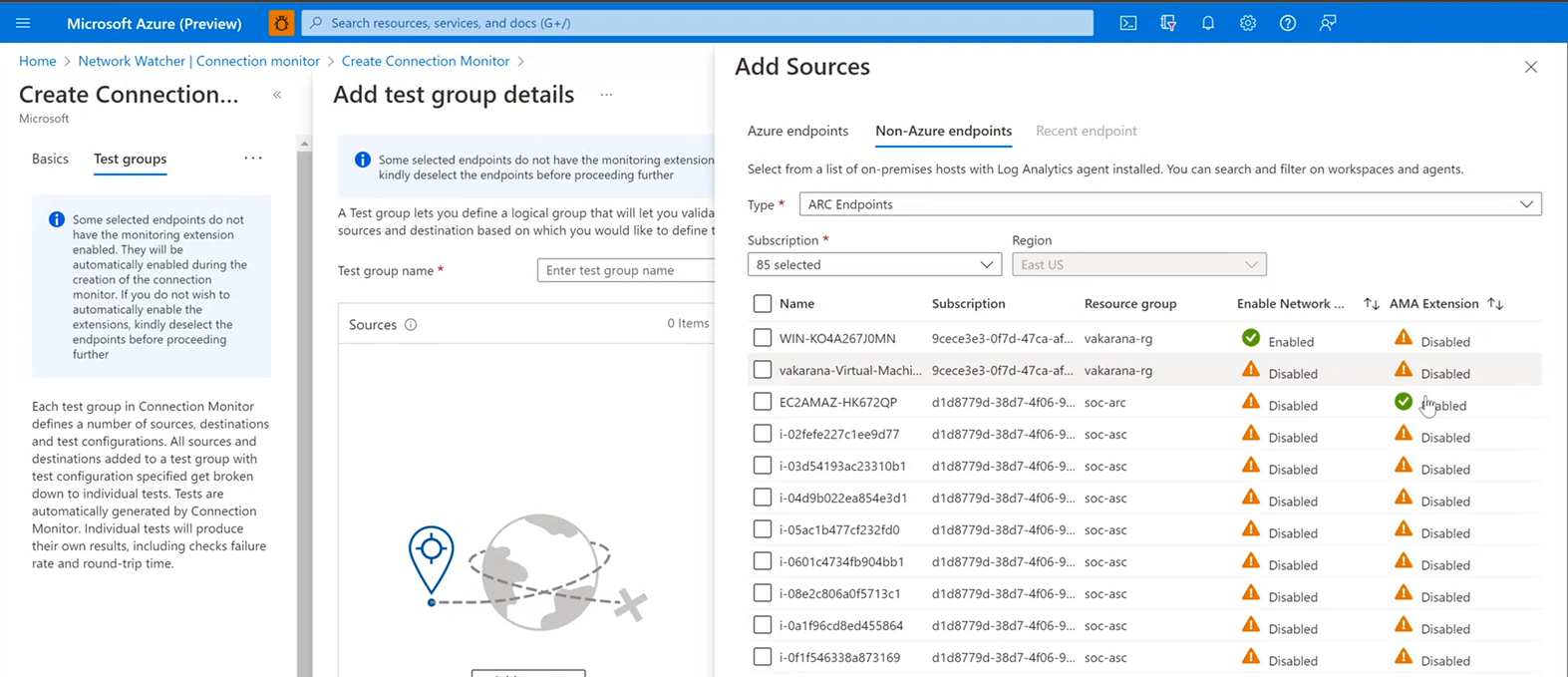 Képernyőkép az Azure Arc-kompatibilis és az Azure Monitor-ügynökkel kompatibilis gazdagépekről.