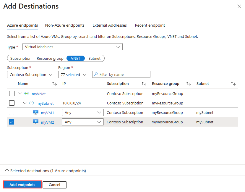 Képernyőkép arról, hogyan adhat hozzá célvégpontot egy kapcsolatfigyelőhöz az Azure Portalon.