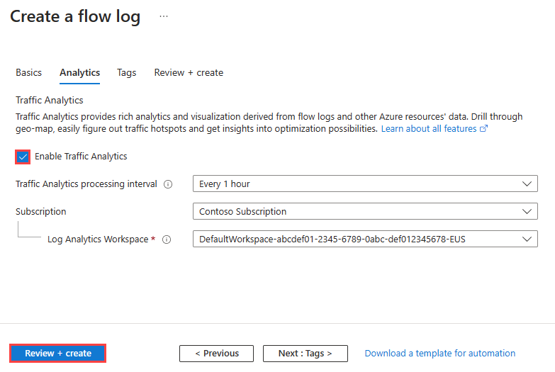 Képernyőkép, amely bemutatja, hogyan engedélyezheti a forgalomelemzést egy új folyamatnaplóhoz az Azure Portalon.
