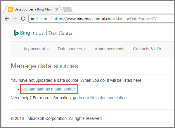 Képernyőkép Bing Térképek Fejlesztői központról az Adatforrások kezelése lapon, pirossal tagolt Adatok feltöltése adatforrásként lehetőséggel.