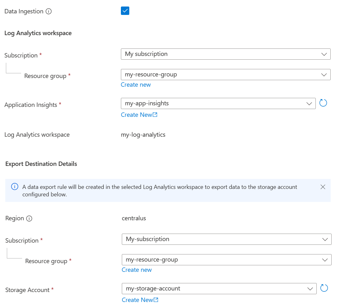 Képernyőkép az Azure Portalról, az adatforrás lap kitöltésével új erőforrás létrehozásához.