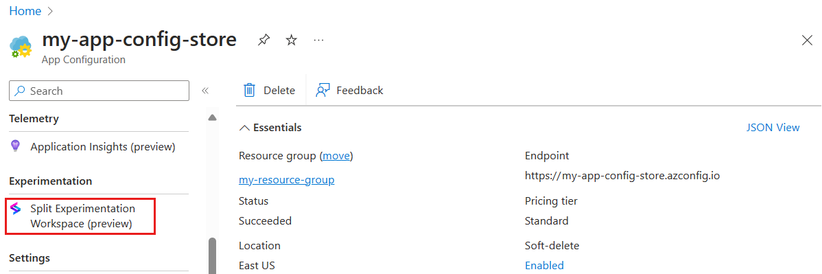Képernyőkép az Azure Portalról, erőforrás keresése az App Configuration Store bal oldali menüjéből.