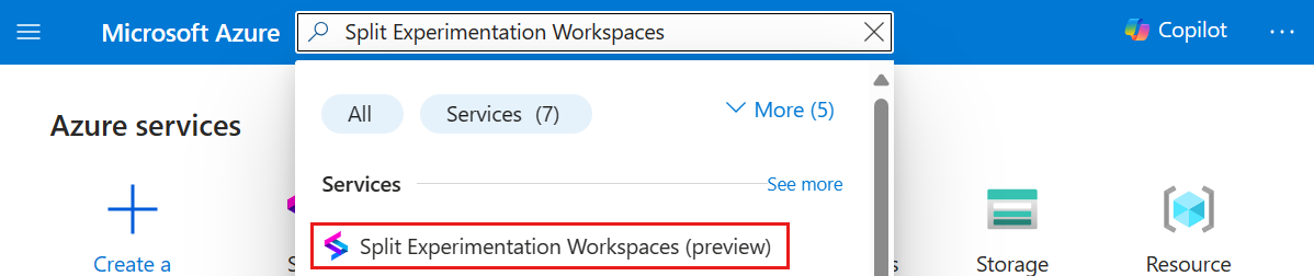 Képernyőkép az Azure Portalról, a Split Experimentation Workspace keresősávról való megkereséséről.