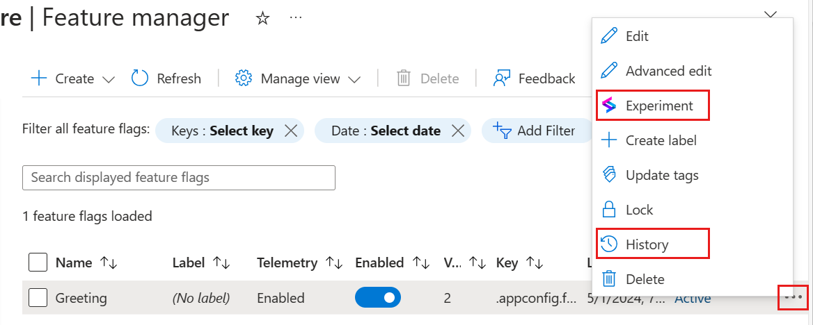 Képernyőkép az Azure-platformról, amelyen a változatfunkció-jelzők menü látható.