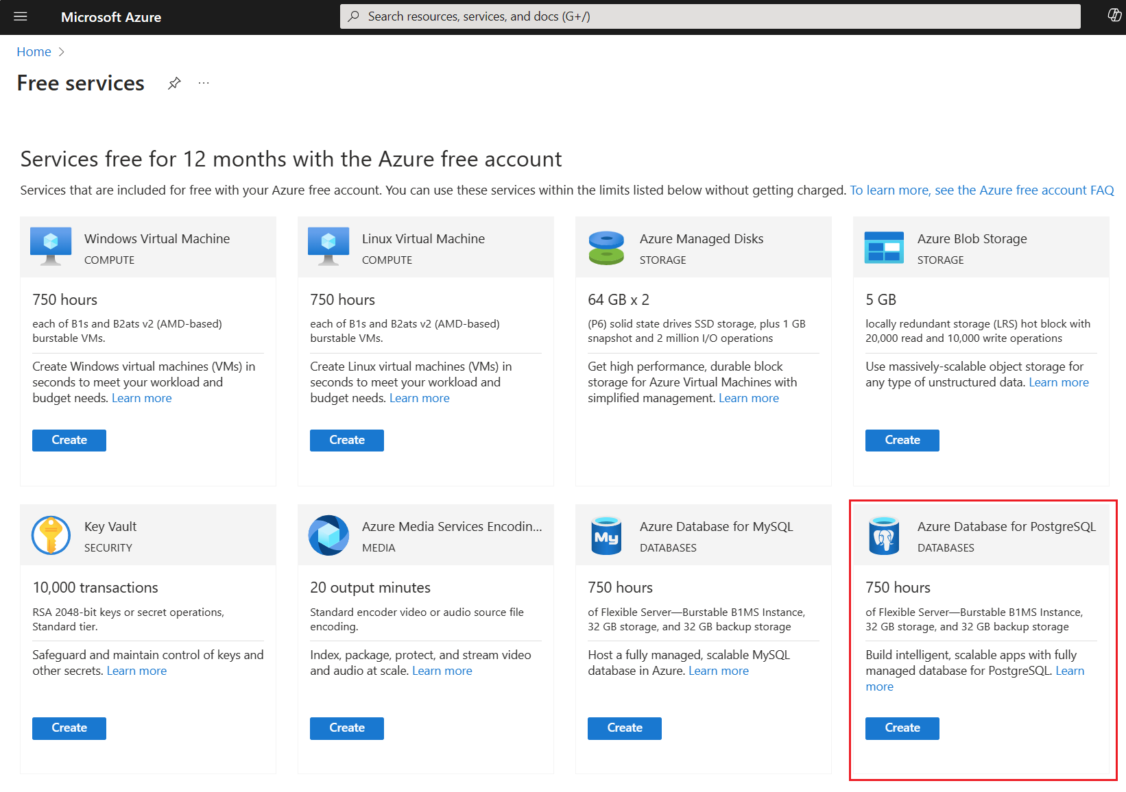 Képernyőkép az Azure Portal összes ingyenes szolgáltatásáról, kiemelve a PostgreSQL-et.
