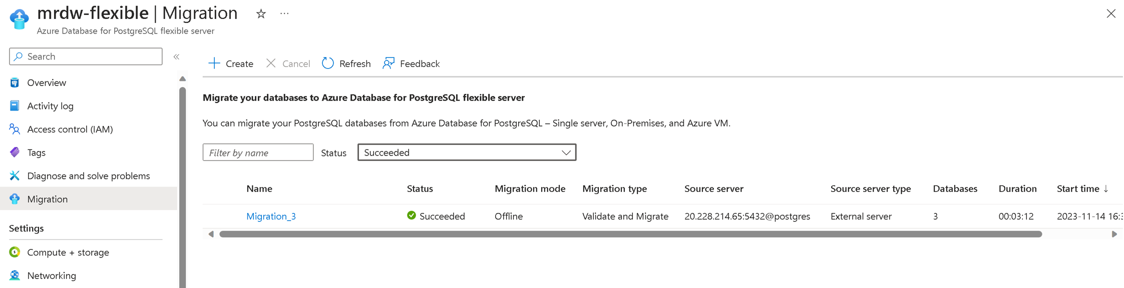 Képernyőkép a migrálás monitorozásáról az Azure Portalon.