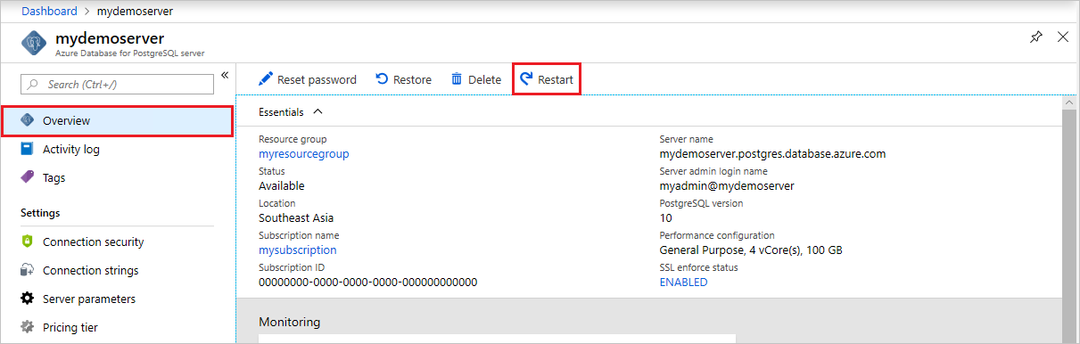 Azure Database for PostgreSQL – Áttekintés – Újraindítás gomb