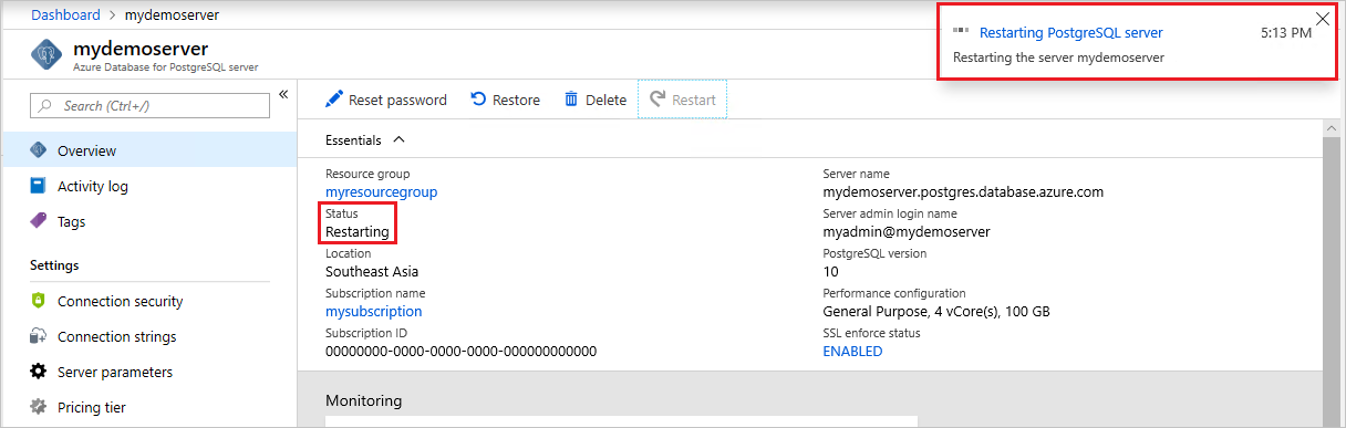 Azure Database for PostgreSQL – Újraindítás állapota