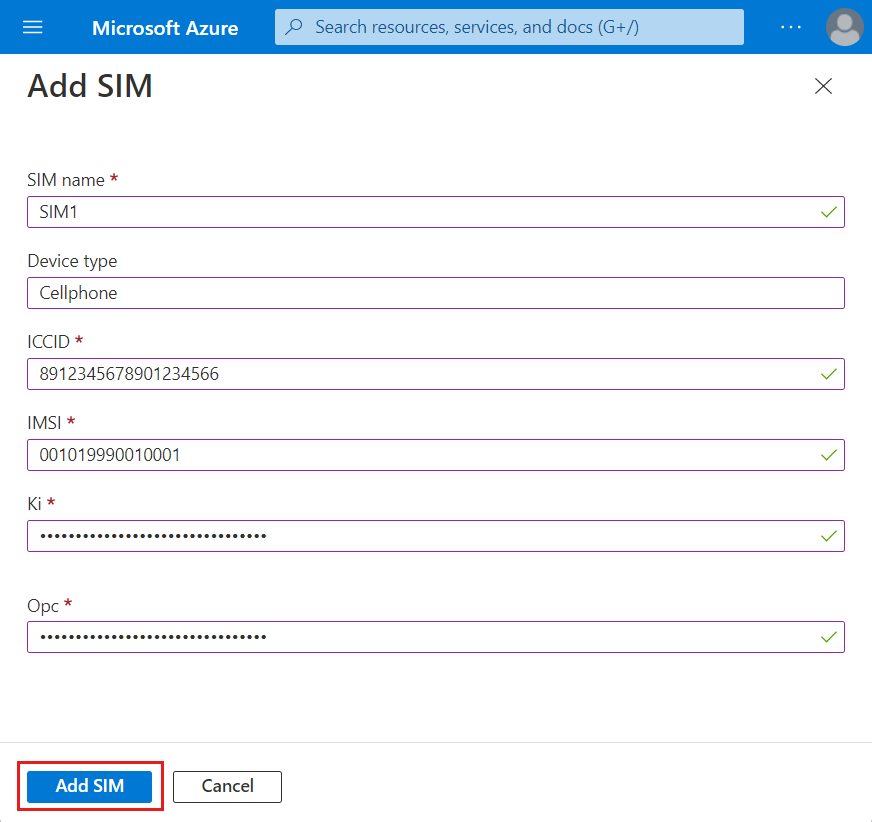 Képernyőkép az Azure Portalról, amelyen a SIM hozzáadása képernyő látható.