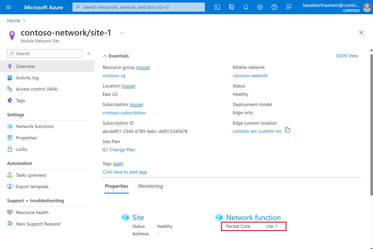 Képernyőkép az Azure Portalról a Packet Core mezővel.