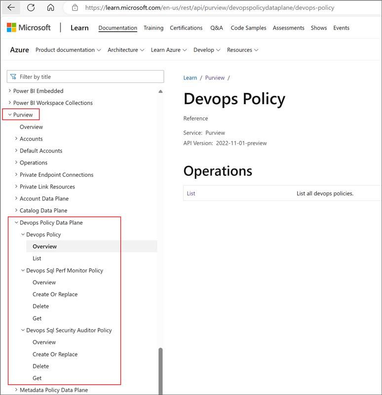 Screenshot that shows where to find the DevOps API on the Azure REST API menu.
