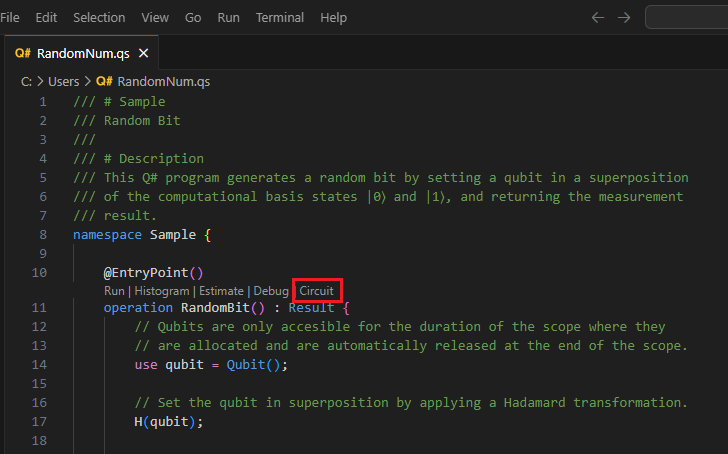 Képernyőkép a Q#-fájlról a Visual Studio Code-ban, amelyen látható, hogy hol található a kódlencse áramköri parancsa.
