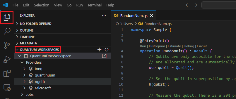 Képernyőkép a Visual Studio Code-ról, amely bemutatja, hogyan bonthatja ki a Quantum Workspace panelt.