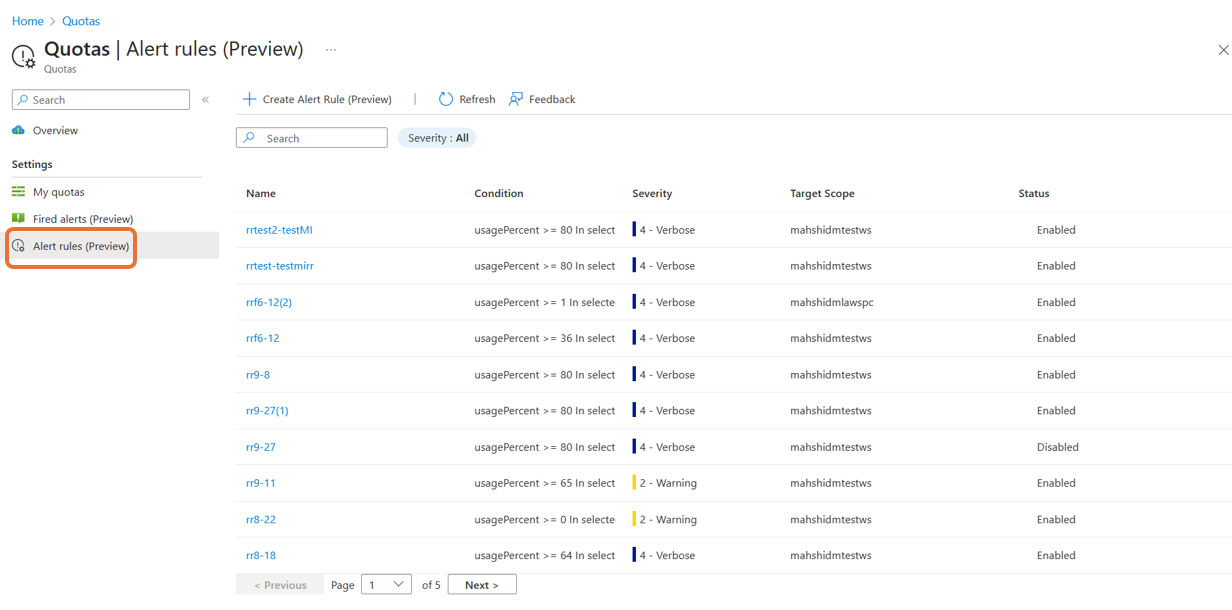 Képernyőkép arról, hogy a kvótariasztási szabály képernyője az Azure Portalon.