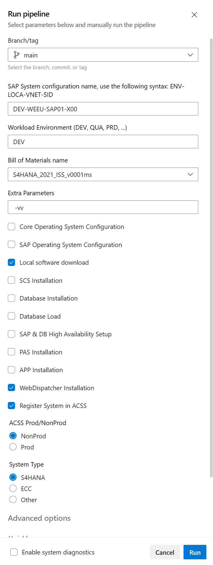 Képernyőkép a DevOps-oktatóanyagról, az operációs rendszerről és az SAP-konfigurációról.