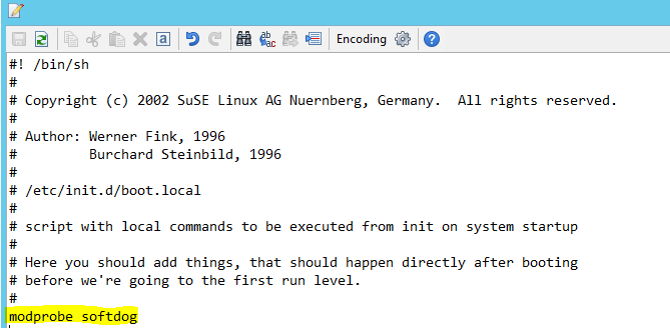 Képernyőkép egy rendszerindító fájlról a softdog sor hozzáadásával.