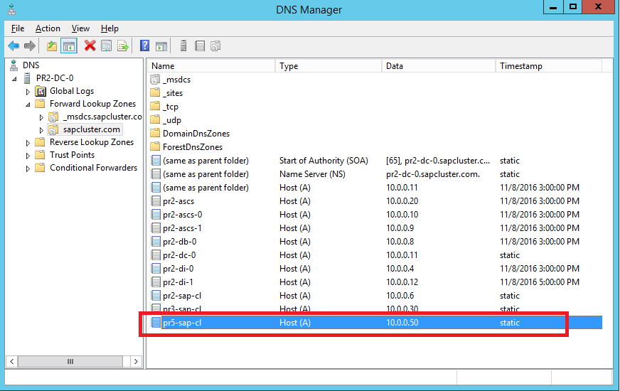 DNS Manager-lista, amely kiemeli az új SAP ASCS/SCS-fürt virtuális nevének és TCP/IP-címének definiált DNS-bejegyzését