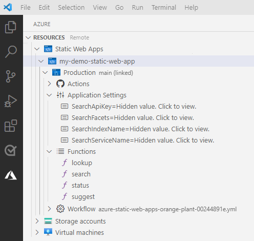 Képernyőkép a Visual Studio Code-ról, amelyen az Azure Static Web Apps Explorer látható az új alkalmazásbeállításokkal.