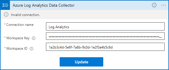 Képernyőkép a Log Analytics munkaterület-azonosítójának, kulcsának és egyéb kapcsolati adatainak megadásáról.
