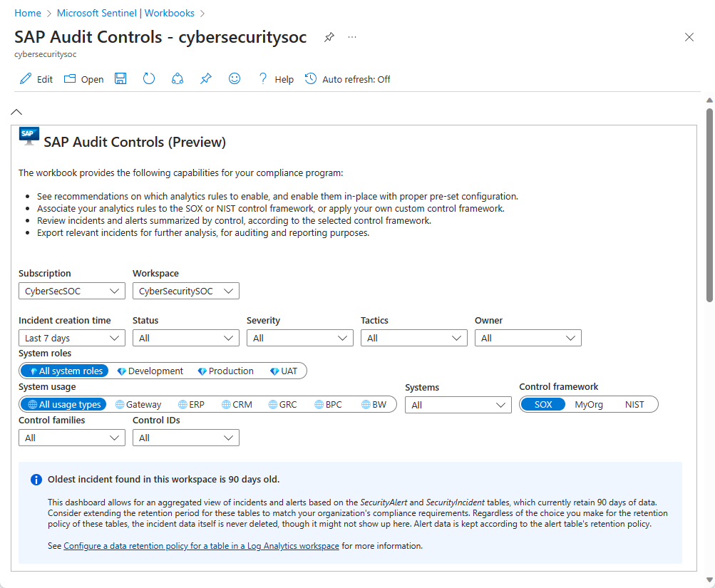 Képernyőkép az SAP Audit Controls munkafüzet tetejéről.