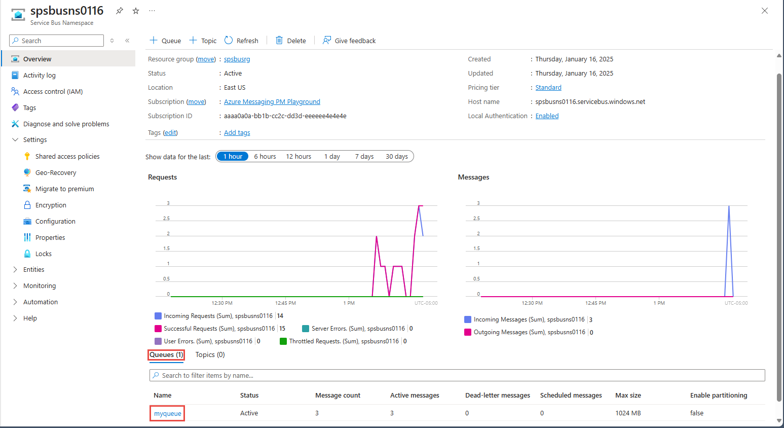 Az Azure Portal Service Bus Namespace oldalát ábrázoló kép, amelyen az üzenetsor van kiválasztva.