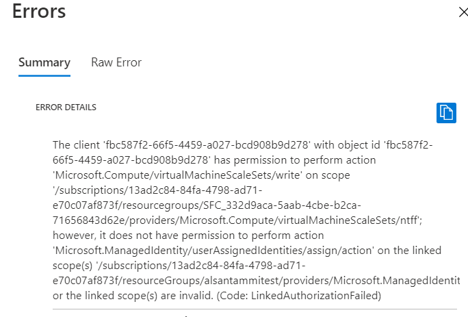 Azure Portal üzembehelyezési hiba, amely azt mutatja, hogy az SFRP objektum-/alkalmazásazonosítója nem rendelkezik engedéllyel az identitáskezelési tevékenység végrehajtásához