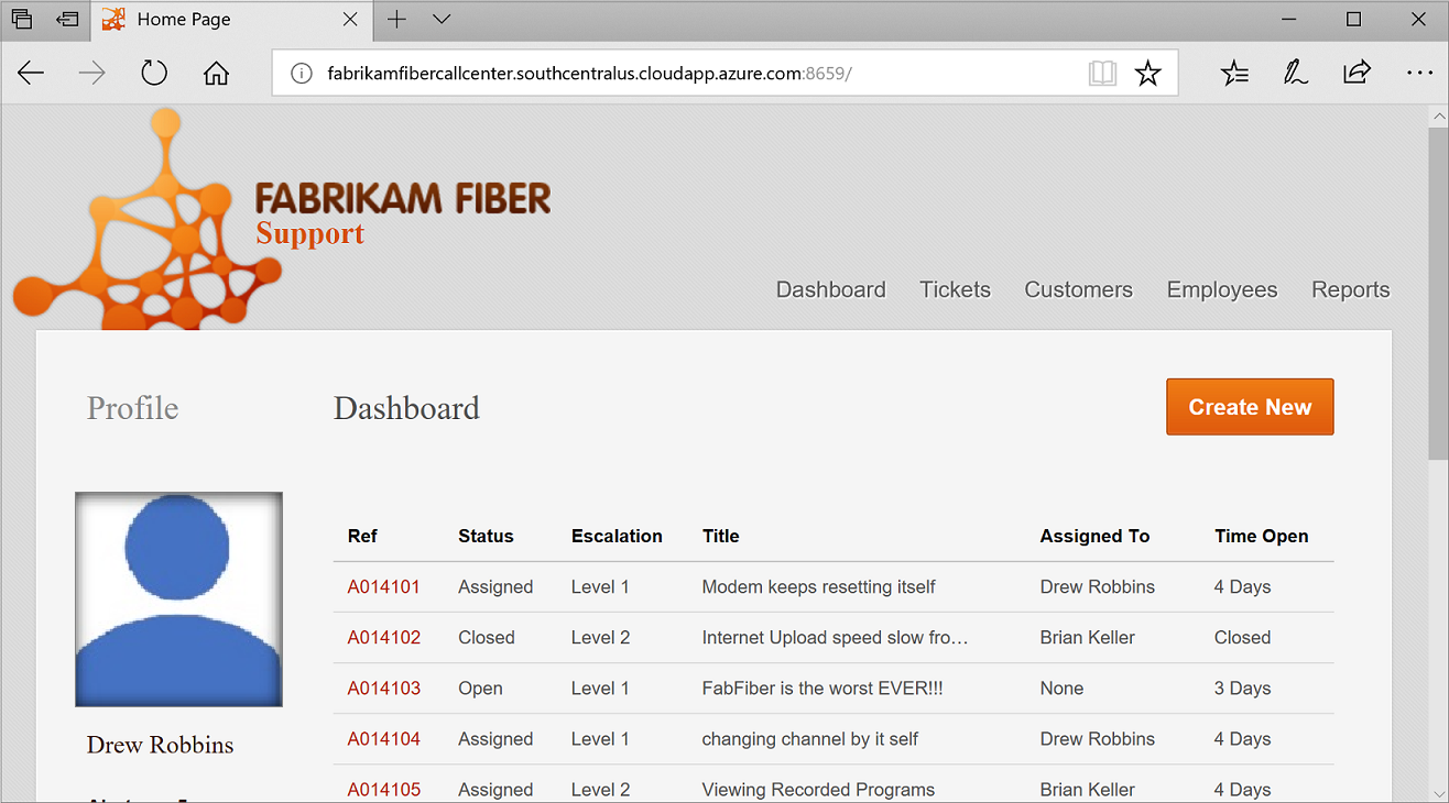 Képernyőkép a Fabrikam Fibre CallCenter alkalmazás kezdőlapjáról, amely a azure.com fut. Az oldalon egy irányítópult látható, amelyen a támogatási hívások listája látható.