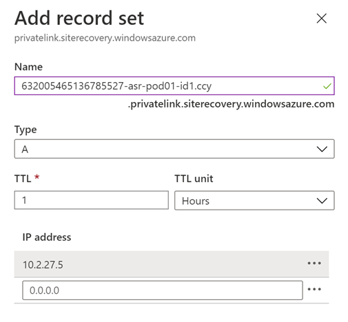 A teljes tartománynév DNS A típusú rekordjának az Azure Portal privát végponthoz való hozzáadására szolgáló lap.