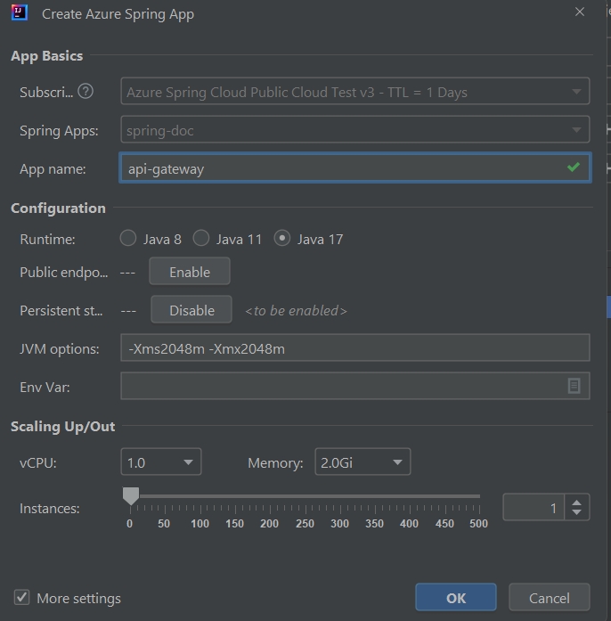 Képernyőkép az IntelliJ Azure Spring App létrehozása párbeszédpanelről, amelyen a Memória és A JVM beállításainak vezérlői láthatók.