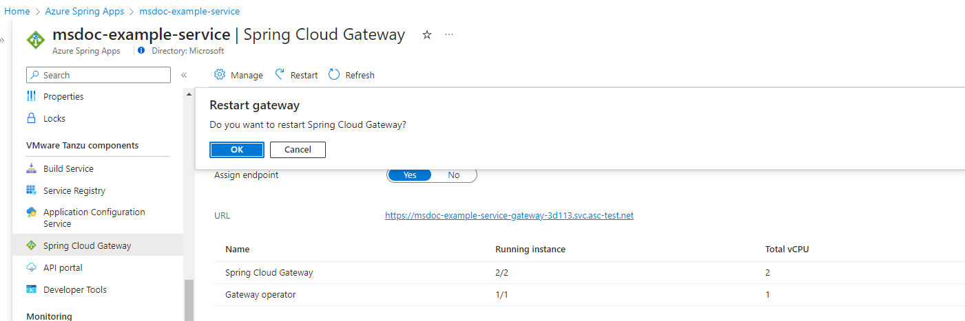Képernyőkép az Azure Portalról, amelyen a Spring Cloud Gateway oldal látható az átjáró újraindításáról szóló megerősítő üzenettel.
