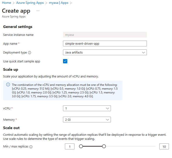 Képernyőkép az Azure Portalról, amely az Alkalmazás létrehozása panelt jeleníti meg a használati csomaggal.