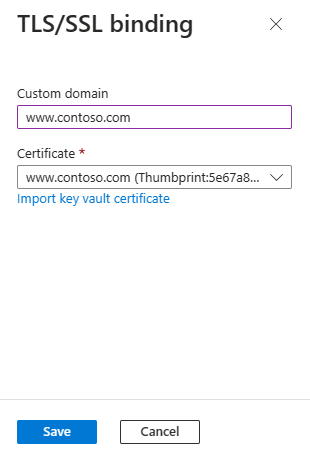 Képernyőkép az Azure Portalról, amelyen a TLS/SSL kötés panel látható.