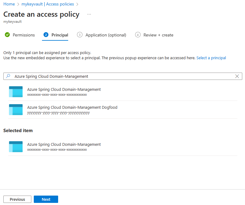 Képernyőkép az Azure Portal Hozzáférési szabályzat létrehozása lapjáról, amelyen az Azure Spring Apps Domain-management a Select a principal legördülő listából van kiválasztva.