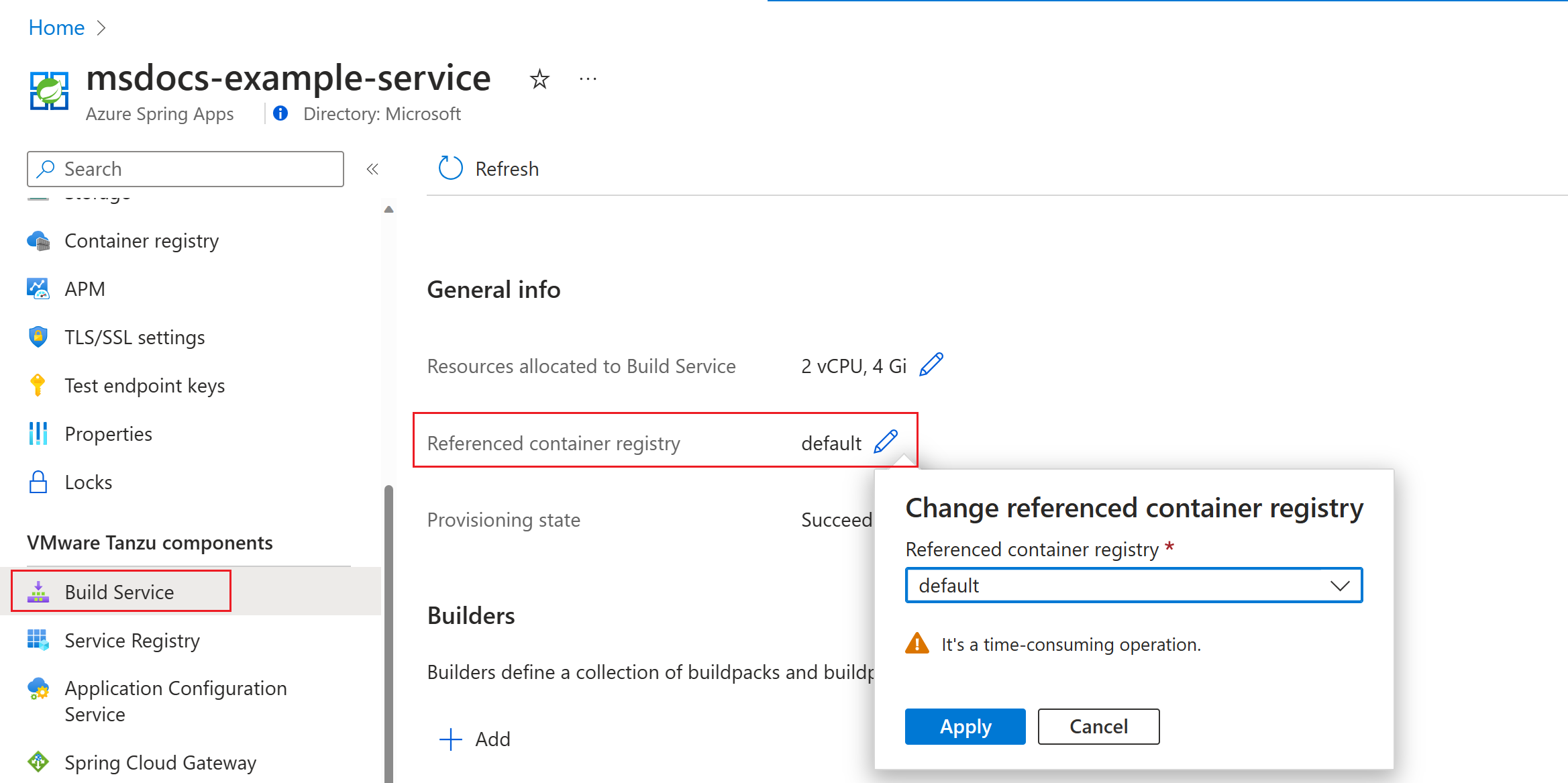Képernyőkép a Azure Portal a Build Service (Szolgáltatás összeállítása) lapról, amelyen a hivatkozott tárolóregisztrációs adatbázis van kiemelve.
