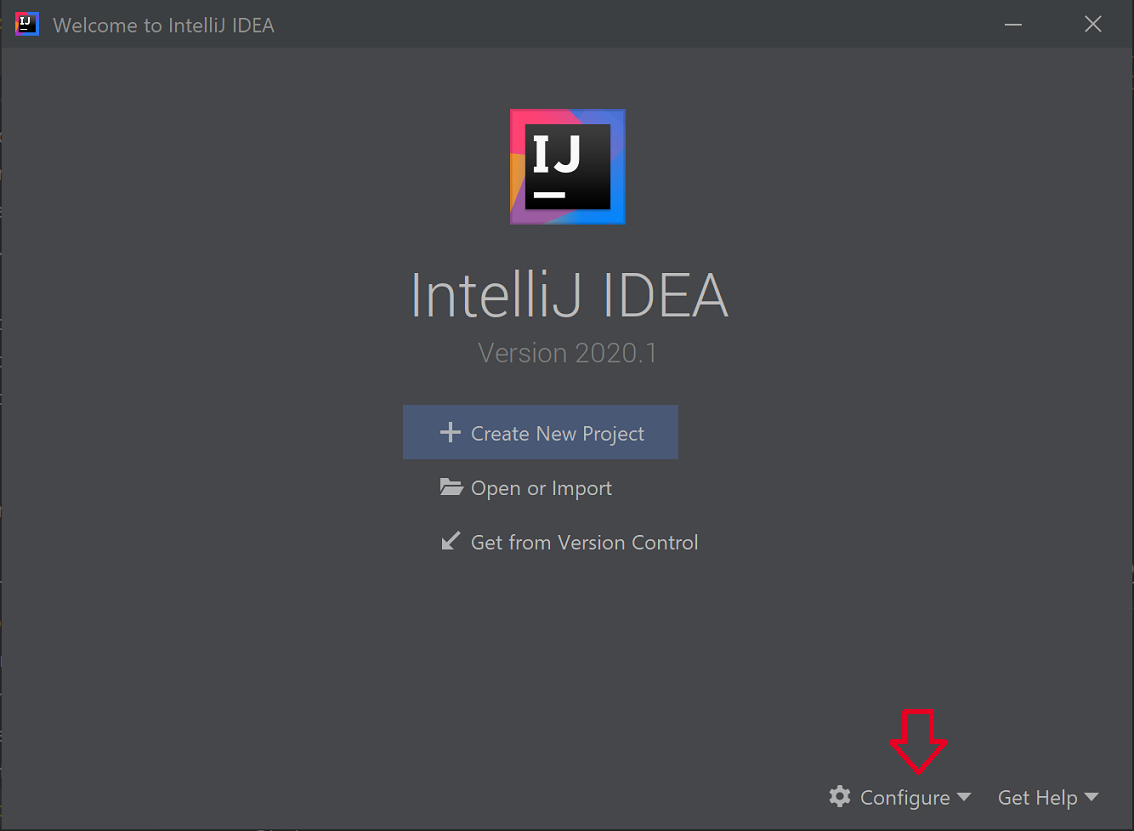 Screenshot of IntelliJ IDEA Welcome dialog box with Configure element highlighted.