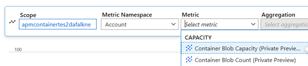 Képernyőkép az Azure Portal Metrics Explorerről, amely a metrika választót mutatja Container Blob Capacity és Container Blob Count opciókkal.