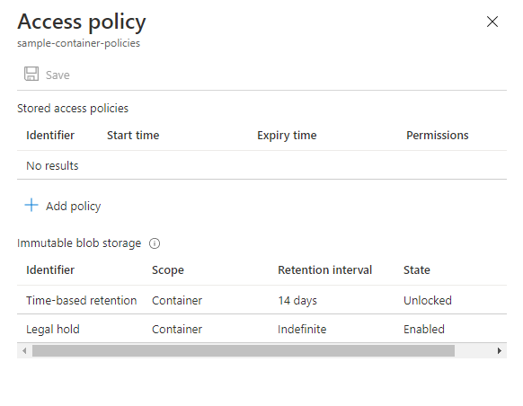 Képernyőkép az időalapú adatmegőrzési szabályzattal és a jogi visszatartással konfigurált tárolóról