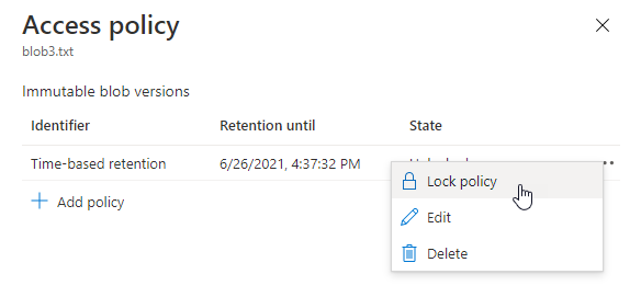 Képernyőkép egy időalapú adatmegőrzési szabályzat zárolásáról az Azure Portalon