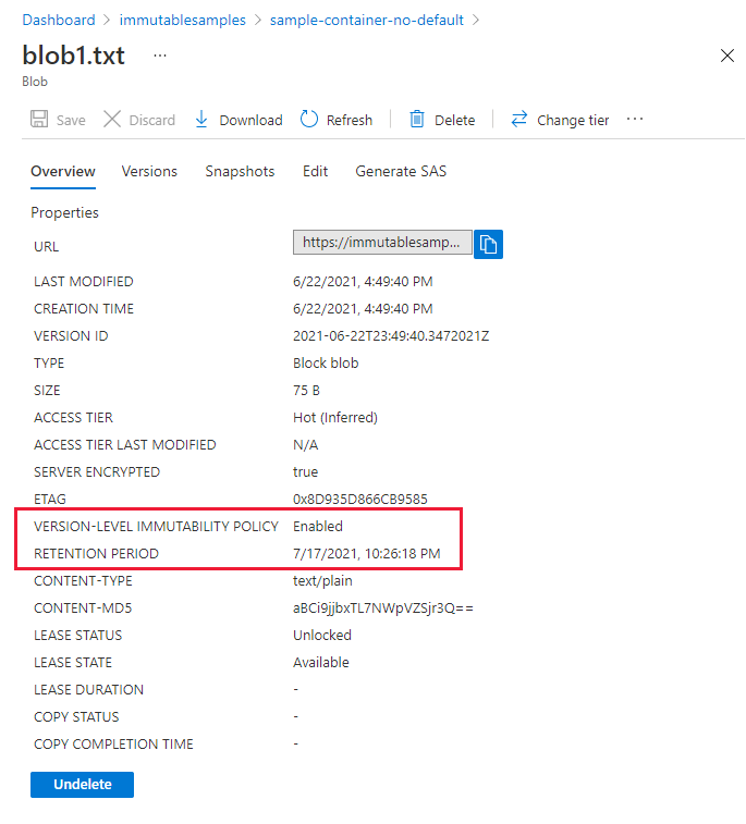 Az Azure Portal blobverzióján lévő módosíthatatlansági szabályzat tulajdonságainak képernyőképe
