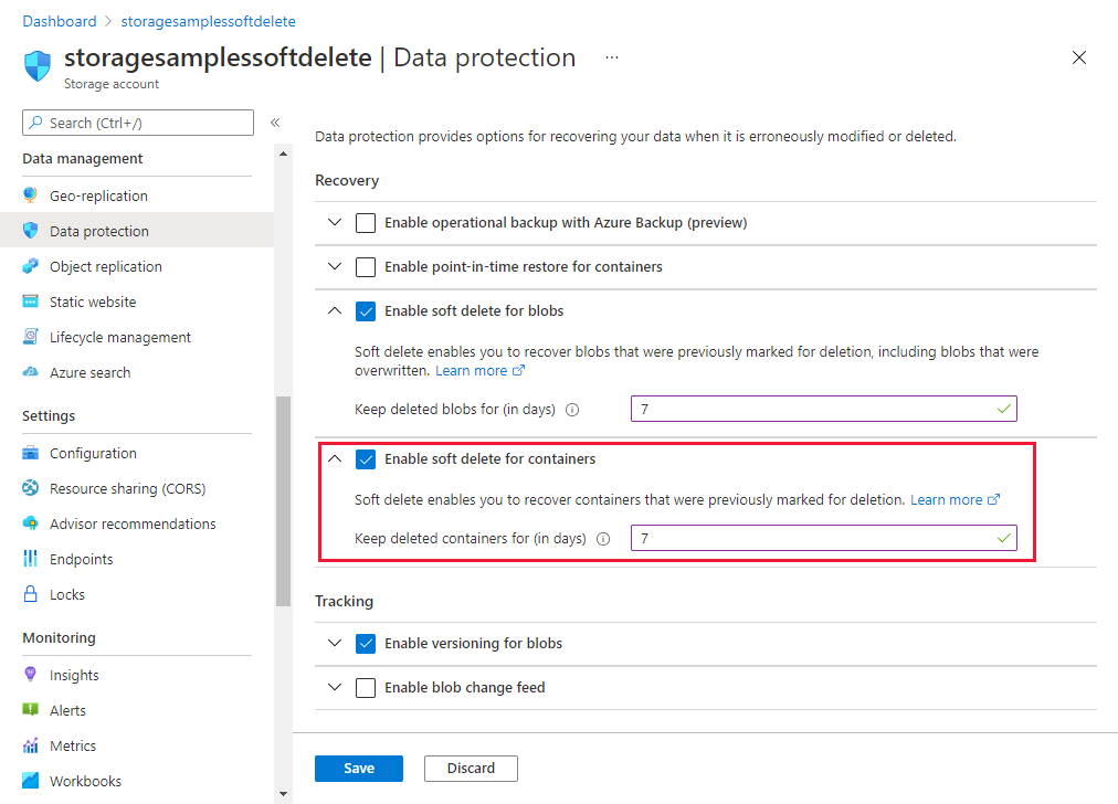 Képernyőkép a tároló helyreállítható törlésének engedélyezéséről Azure Portal