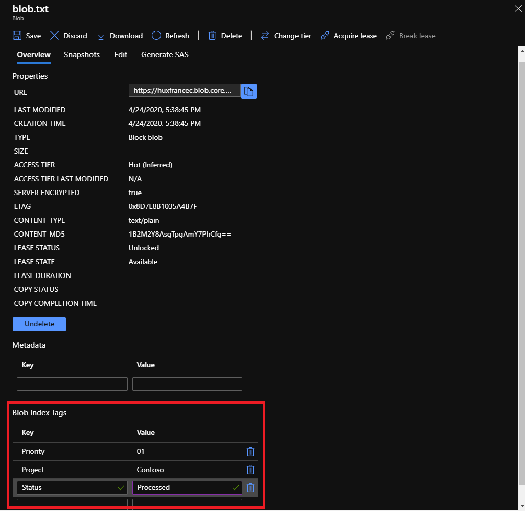 Az indexcímkék blobokon való lekérését, beállítását, frissítését és törlését bemutató Azure Portal képernyőképe.