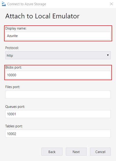 Képernyőkép az Azure Storage Explorerről, amely egy helyi emulátorhoz van csatolva.