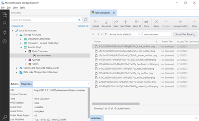 Képernyőkép az Azure Storage Explorerről, amelyen a tesztek által létrehozott fájlok láthatók.