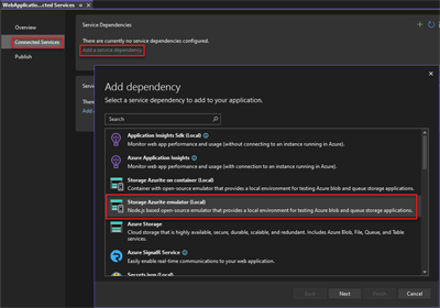 Képernyőkép az Azurite függőségként való hozzáadásáról egy ASP.NET projekthez.