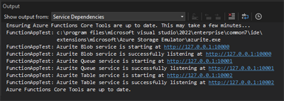 Képernyőkép a kimenetről, miután az Azurite-ot egy Azure Functions-projekt futtatókörnyezeti tárfiókjának beállította.