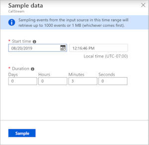 Az Azure Stream Analytics beállított időtartománya a bejövő mintaeseményekhez