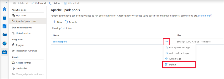 Listing of Apache Spark pools, with the recently created pool selected.